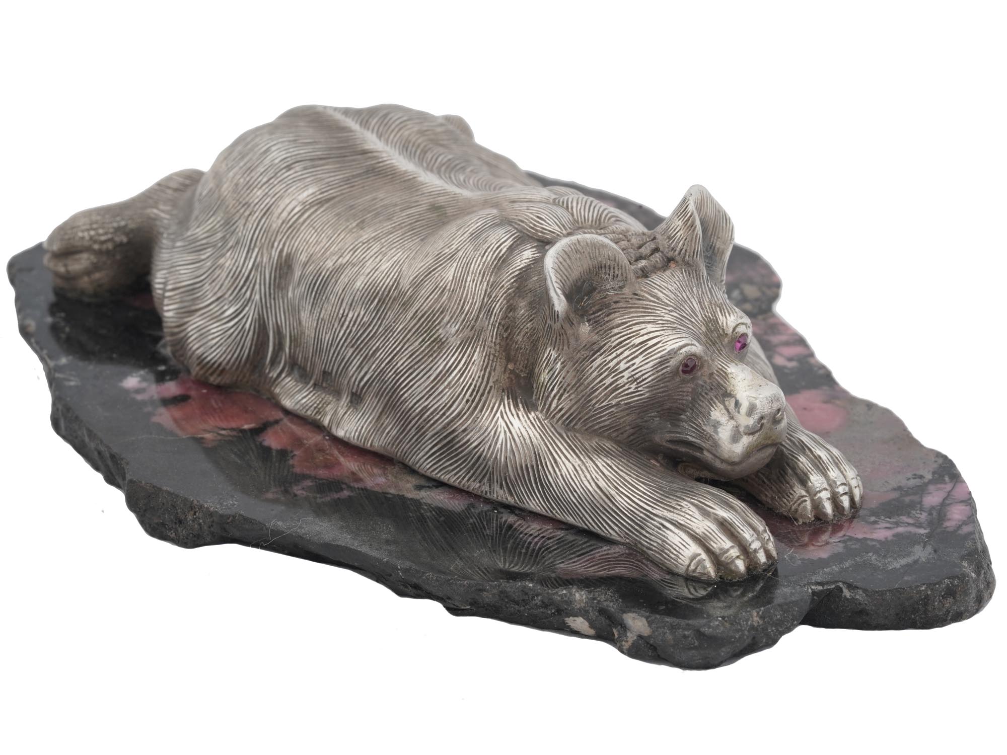 88 RUSSIAN SILVER BEAR ON RHODONITE BASE FIGURINE PIC-1